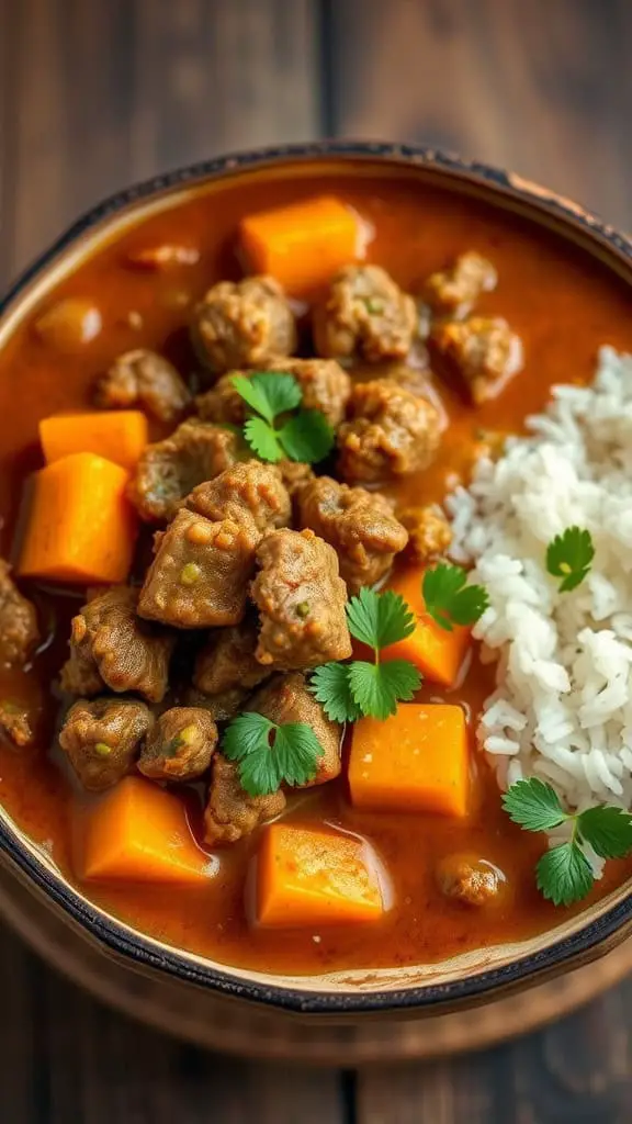 A bowl of Thai beef and sweet potato curry with rice and fresh cilantro on a wooden table.