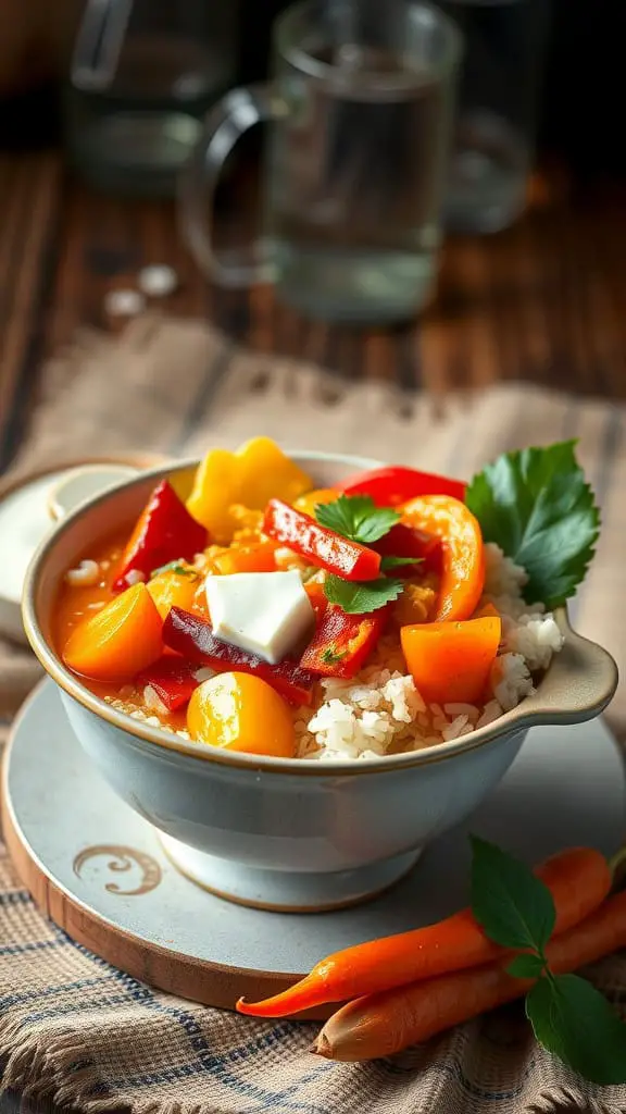 A colorful Thai curry vegetable rice bowl with peppers, corn, and rice, garnished with herbs.