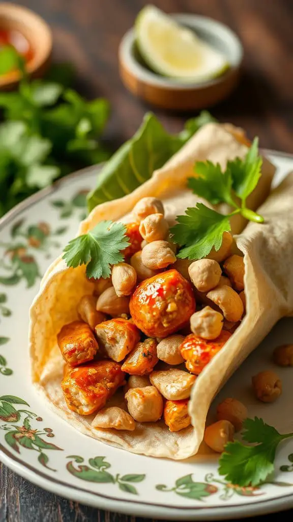 A Thai Peanut Chicken Wrap filled with chicken, peanuts, and garnished with cilantro on a decorative plate.