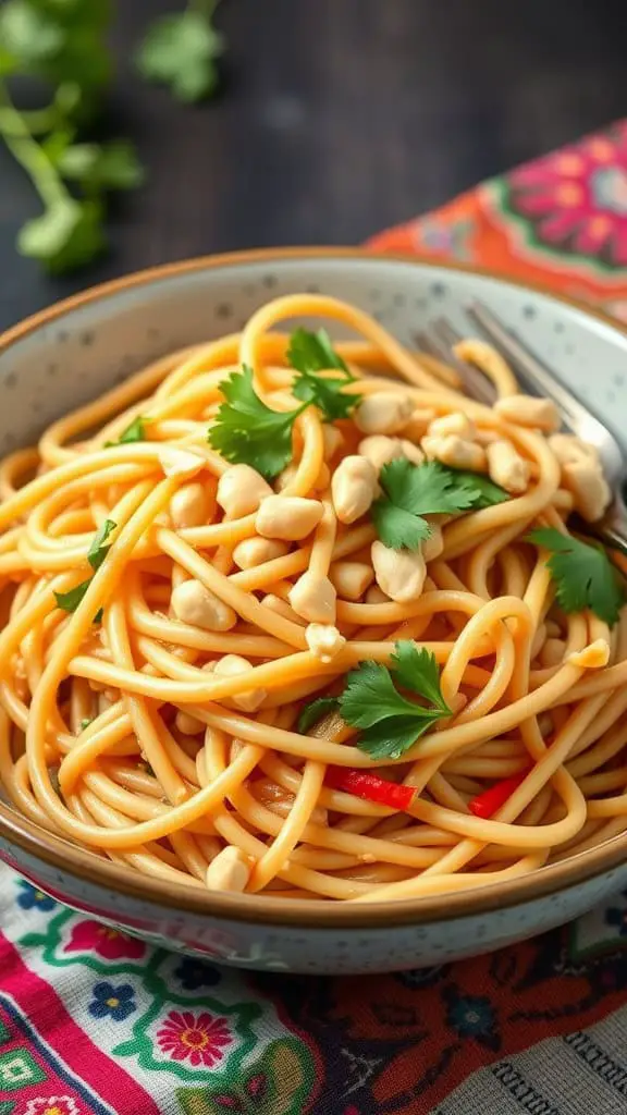 A bowl of Thai Peanut Noodle Salad with cilantro and peanuts