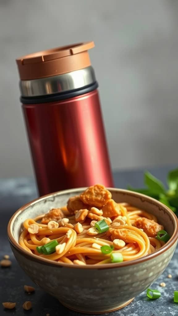 A bowl of Thai peanut noodles with chicken garnished with peanuts and green onions, next to a thermos