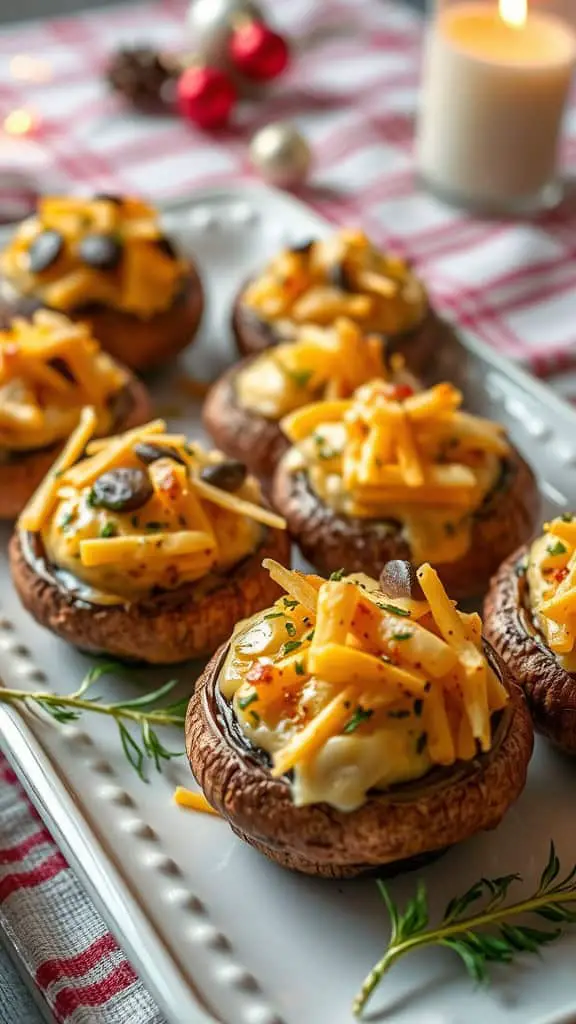 A platter of three-cheese stuffed mushrooms topped with shredded cheese, set against a cozy holiday backdrop.