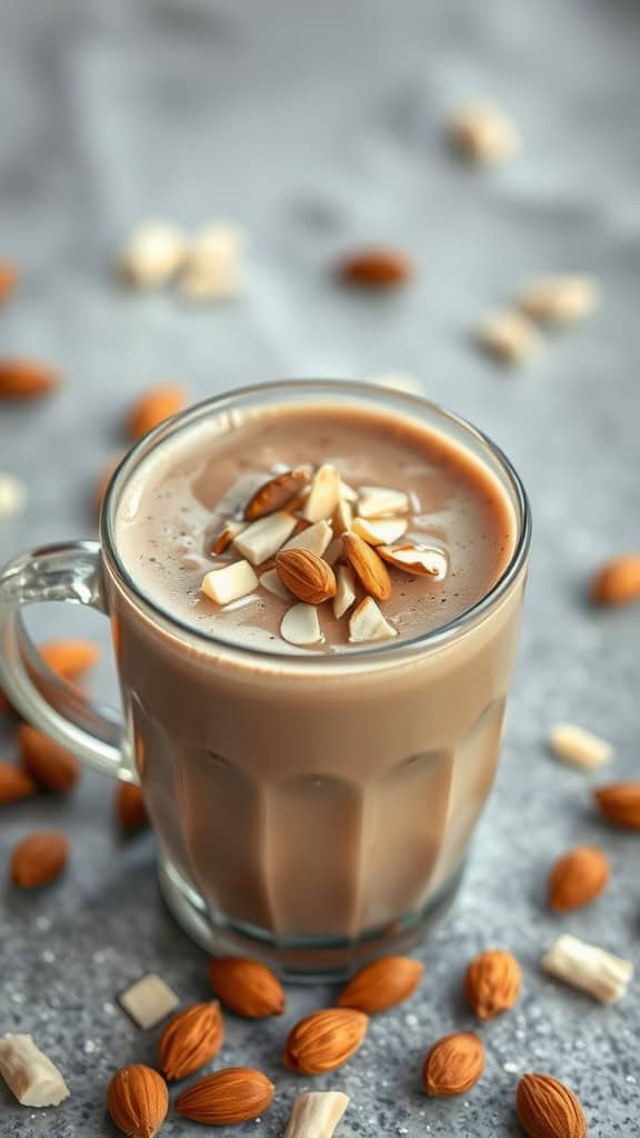 A glass of frothy hot chocolate topped with toasted almond pieces, surrounded by almonds on a gray surface.