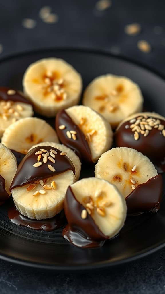 A plate of chocolate-covered banana bites sprinkled with sesame seeds.