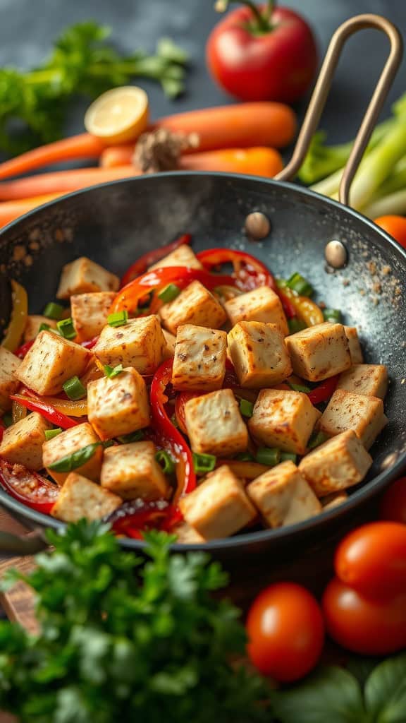 A pan filled with golden tofu cubes stir-fried with red bell peppers and green onions, surrounded by fresh vegetables like carrots and tomatoes.