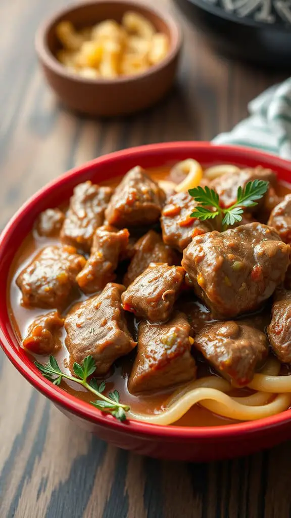 A bowl of tomato-based beef stroganoff with noodles, garnished with parsley, served alongside a dish of macaroni.