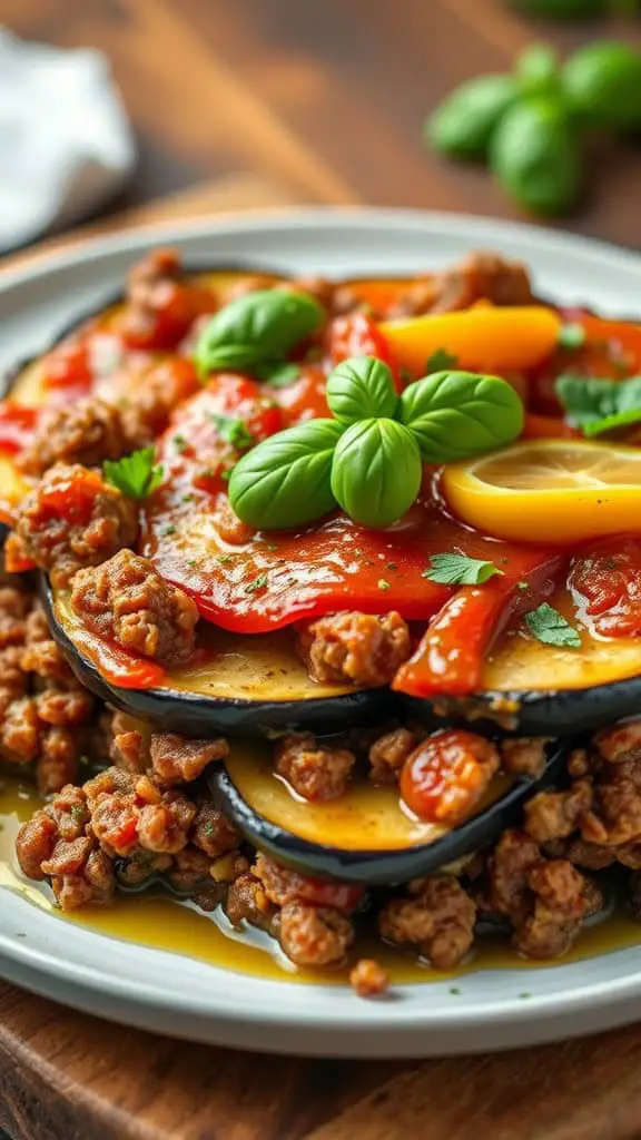 A deliciously layered Tomato Basil Ground Beef and Eggplant Bake topped with fresh basil and lemon slices.