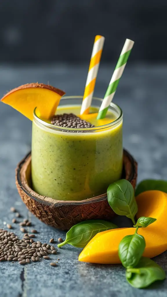 Tropical Green Chia Smoothie in a coconut bowl with mango and chia seeds