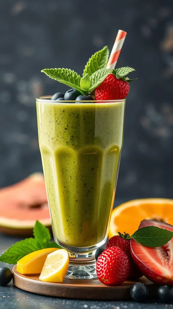 A tropical green protein shake garnished with berries and mint, surrounded by fresh fruits.