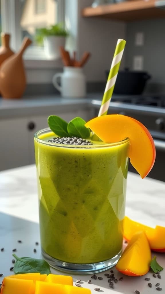 A vibrant Tropical Mango Spinach Smoothie in a glass, garnished with a slice of mango and fresh basil.