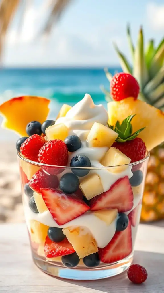 A colorful Tropical Mixed Berry Parfait with layers of strawberries, blueberries, pineapple, and yogurt, set against a beach background.