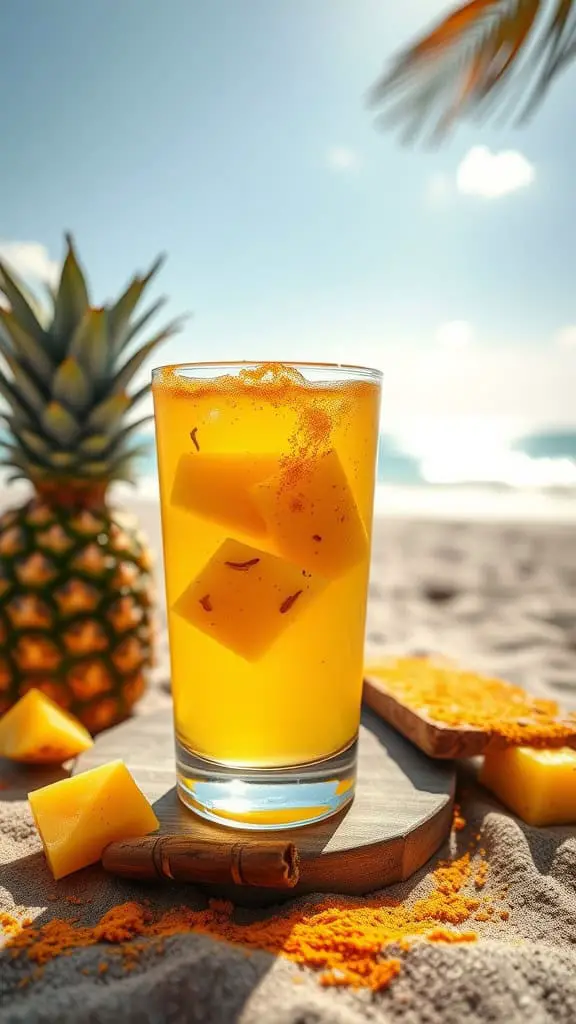 A refreshing glass of pineapple turmeric drink with ice and pineapple chunks on a beach setting