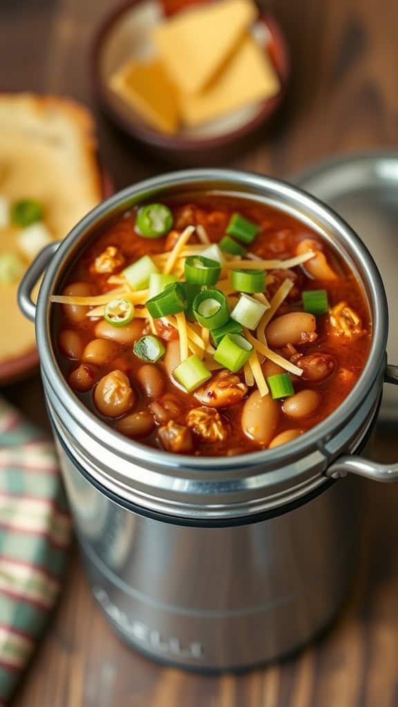 A thermos filled with turkey chili topped with green onions and cheese, with cheese slices on a plate in the background.