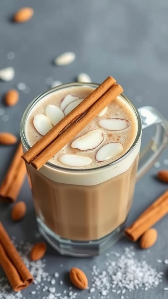 A glass of Vanilla Almond Chai Latte topped with cinnamon sticks and almonds, surrounded by scattered almonds and cinnamon.