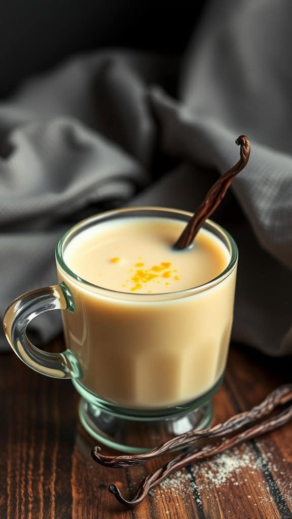 A cup of creamy golden milk topped with a sprinkle of turmeric and accompanied by vanilla beans.