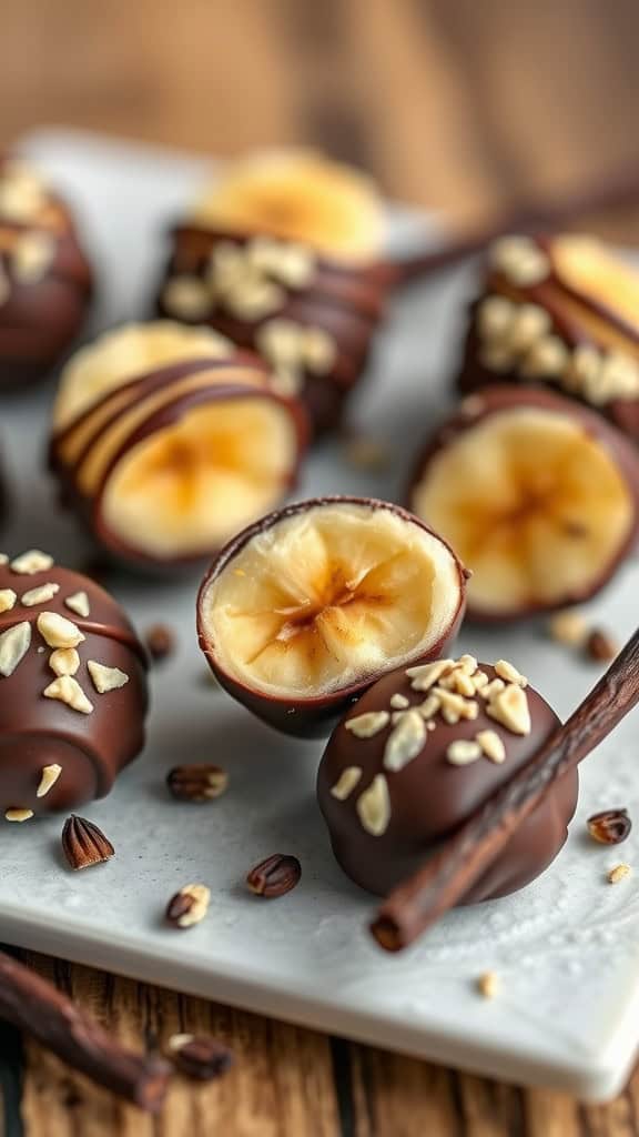 Vanilla bean infused dark chocolate bites with banana filling, topped with nuts