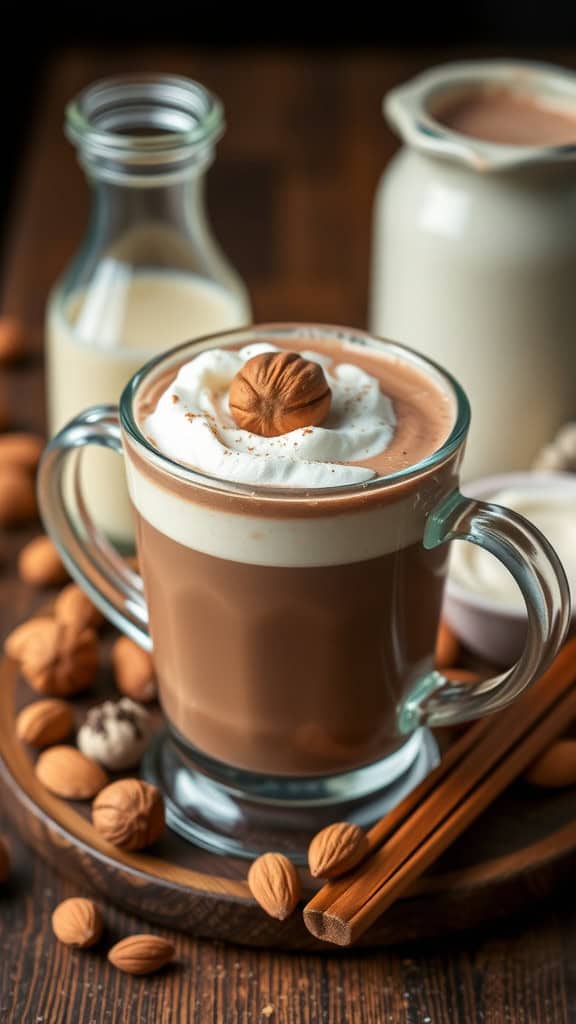 A glass mug filled with rich hot chocolate topped with whipped cream and a hazelnut, surrounded by almonds and chocolate.