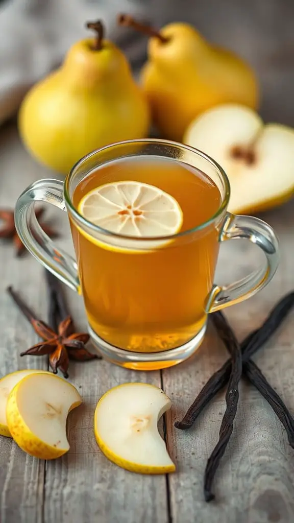 A cup of Vanilla Pear Herbal Infusion with lemon slice, surrounded by yellow pears and vanilla pods.