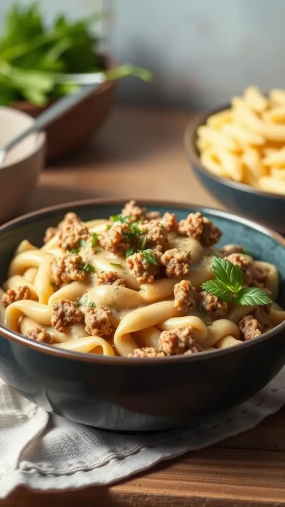 A bowl of Vegan Ground Beef Stroganoff with pasta and herbs, surrounded by additional pasta and greenery.