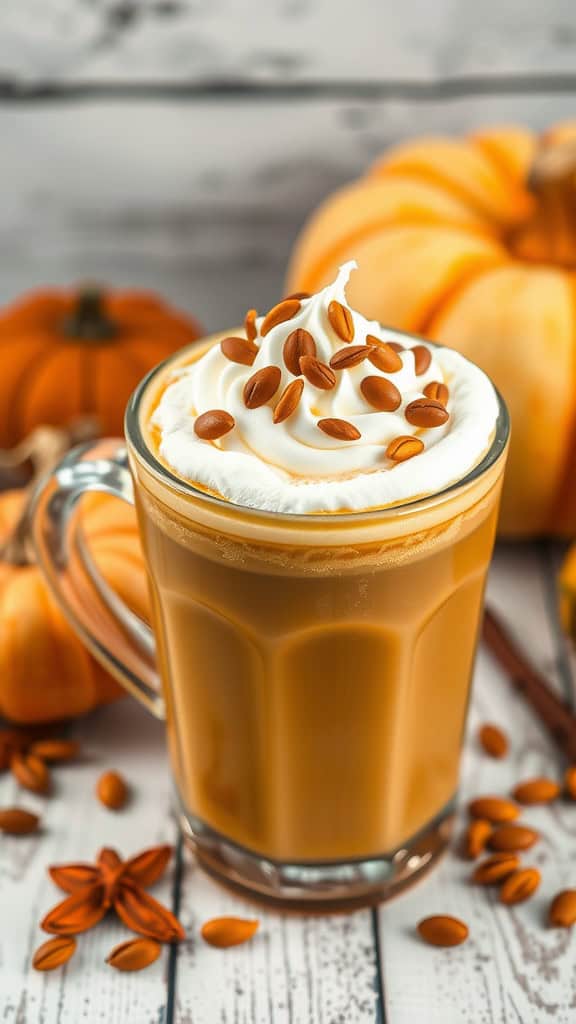 Vegan Pumpkin Spice Latte with whipped cream and pumpkin seeds