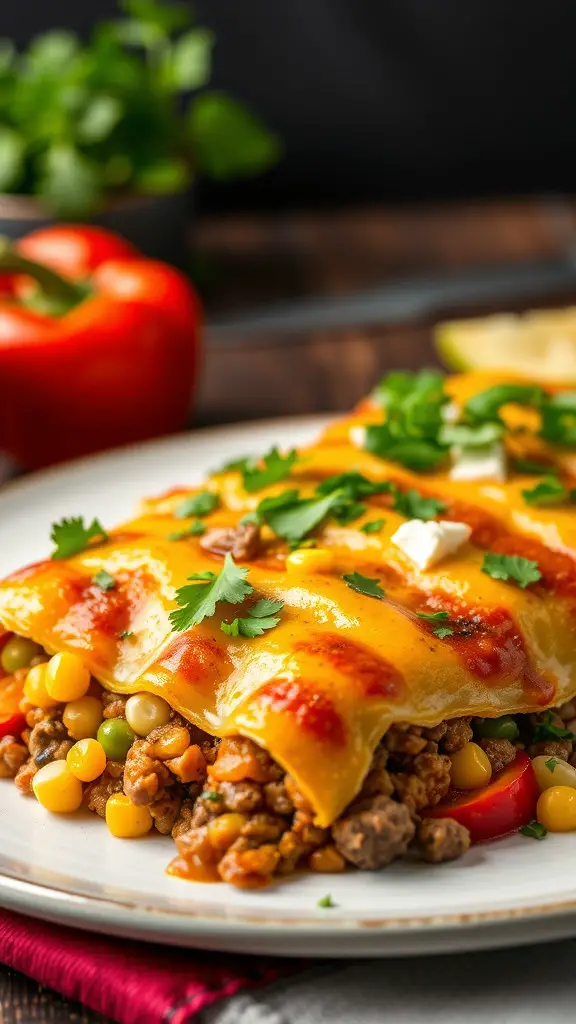 A plate of beef enchilada casserole with vibrant vegetables and melted cheese, garnished with cilantro.