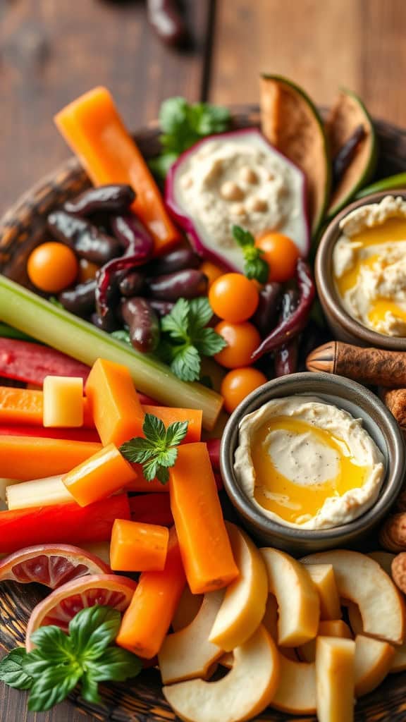 A colorful assortment of fresh vegetables and hummus served on a wooden platter