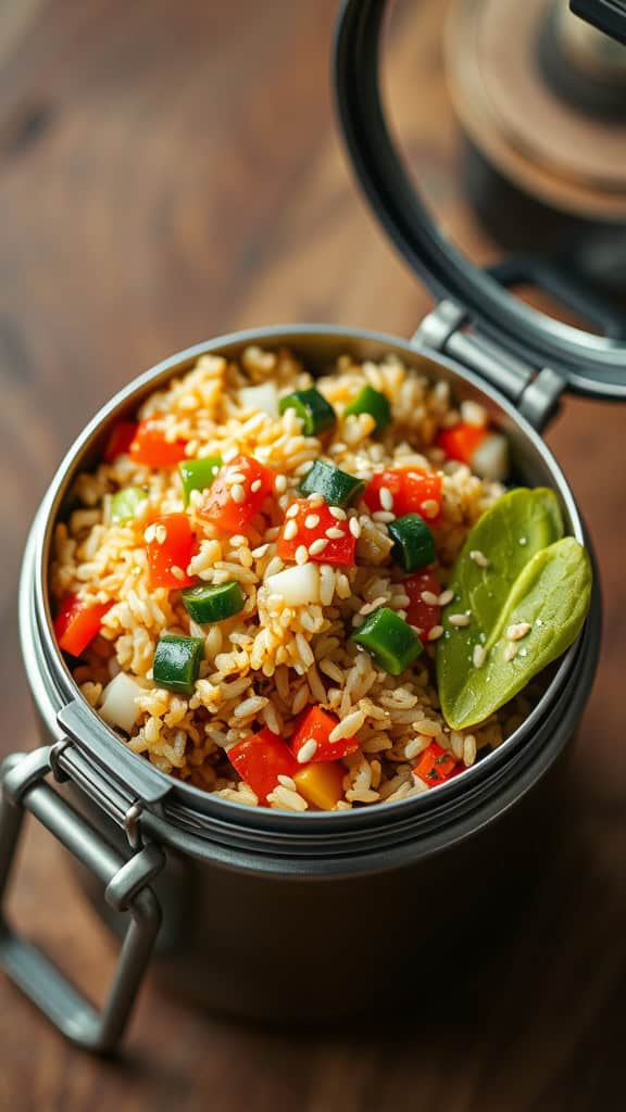 A thermos filled with vegetable fried rice, featuring colorful bell peppers and sesame seeds, set on a wooden surface.