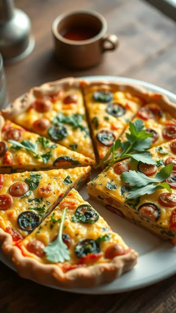 A plate of vegetable quiche slices with a side of coffee on a wooden table.