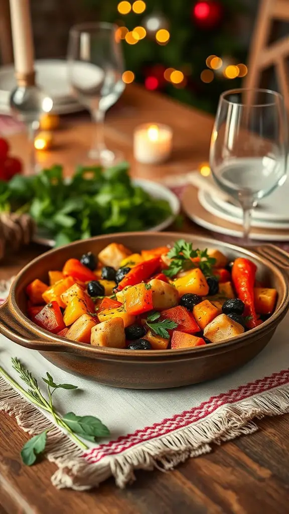 A bowl of colorful vegetable ratatouille served on a table with a festive setting.