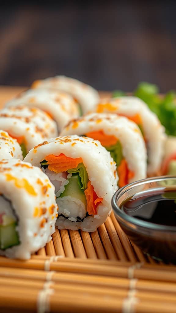 Close-up of vegetable sushi rolls on a bamboo mat with soy sauce.