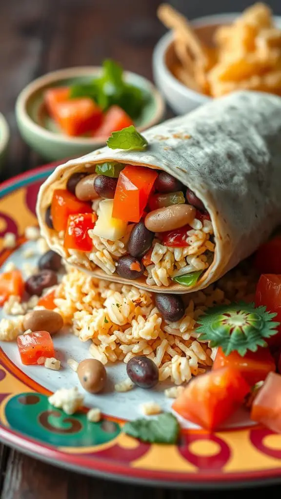 A vegetarian burrito filled with rice, beans, and fresh vegetables, served on a colorful plate.