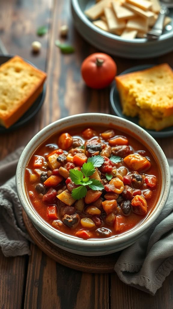 A bowl of vegetarian chili with cornbread on the side.