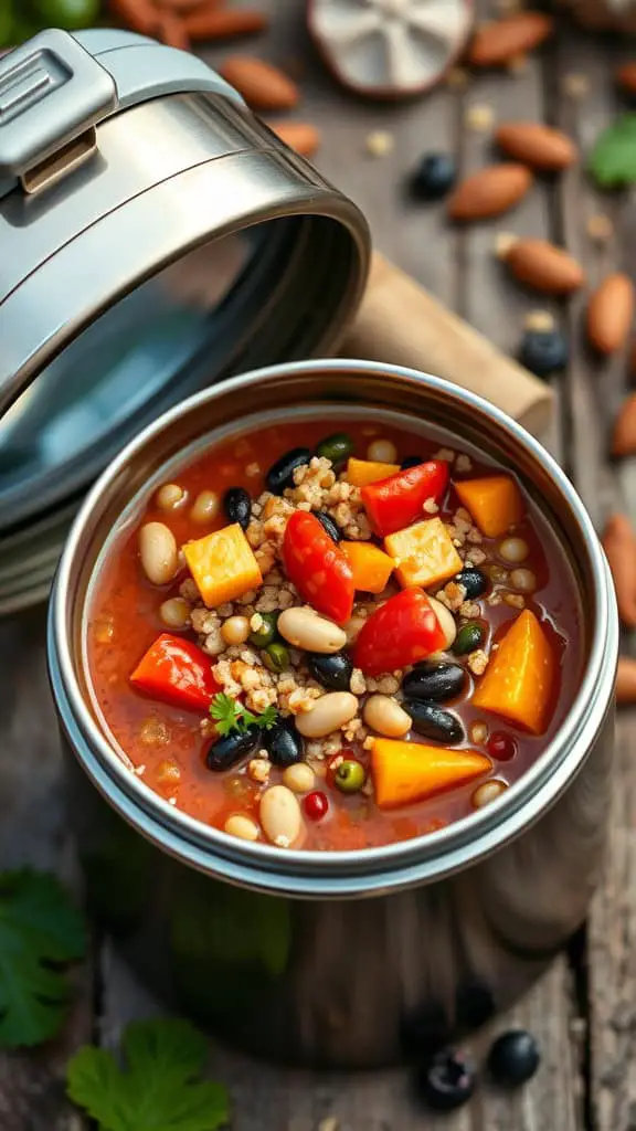 A thermos filled with colorful vegetarian chili, featuring beans, quinoa, and bell peppers.