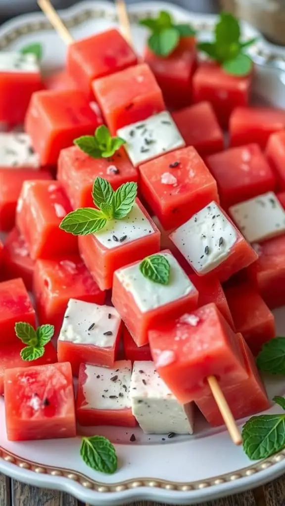 Colorful watermelon and feta bites arranged on a platter with mint leaves