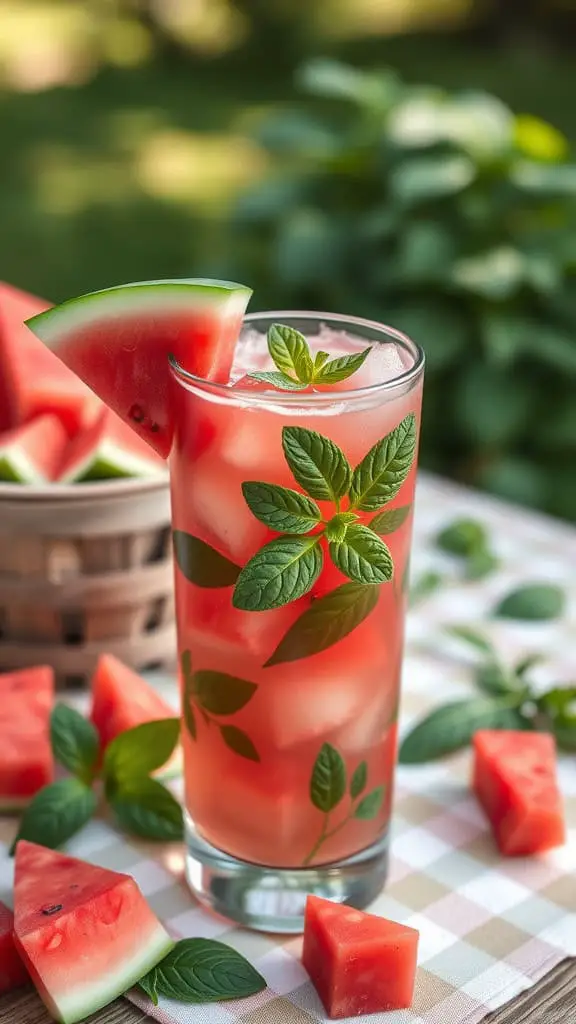 Glass of Watermelon Basil Cooler with ice, basil leaves, and watermelon slices.