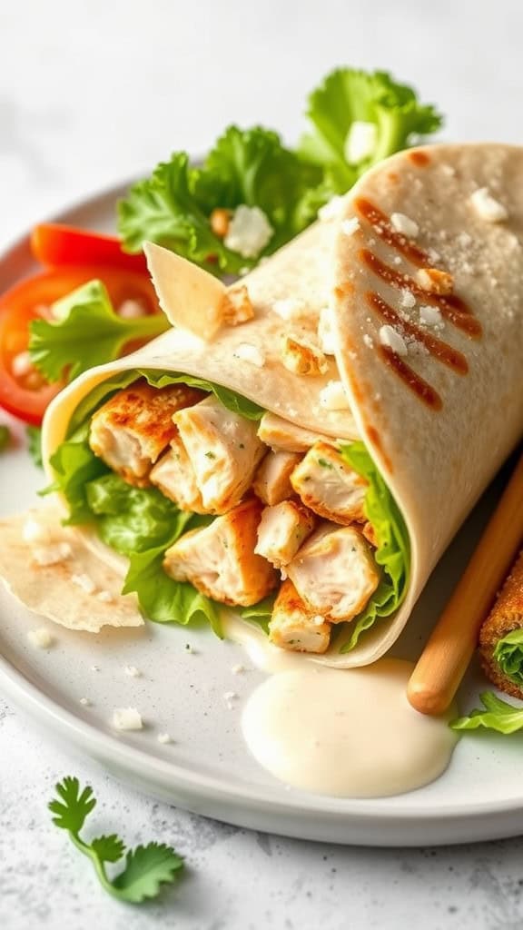 A close-up of a Chicken Caesar Wrap filled with grilled chicken, lettuce, and topped with Caesar dressing, served on a plate with fresh vegetables.