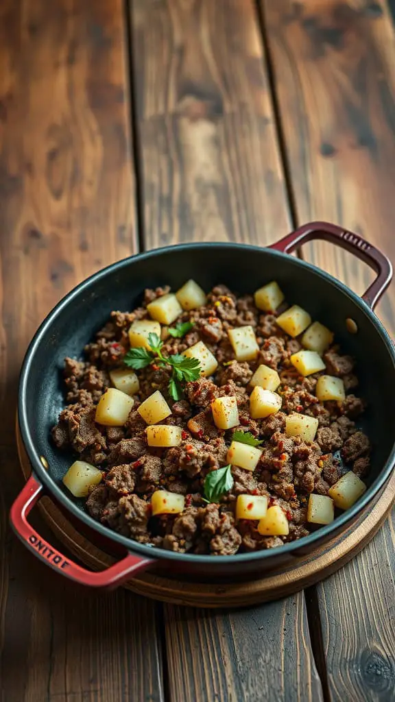 A zesty ground beef and potato skillet, featuring seasoned ground beef mixed with tender potato cubes, served in a skillet on a wooden table.