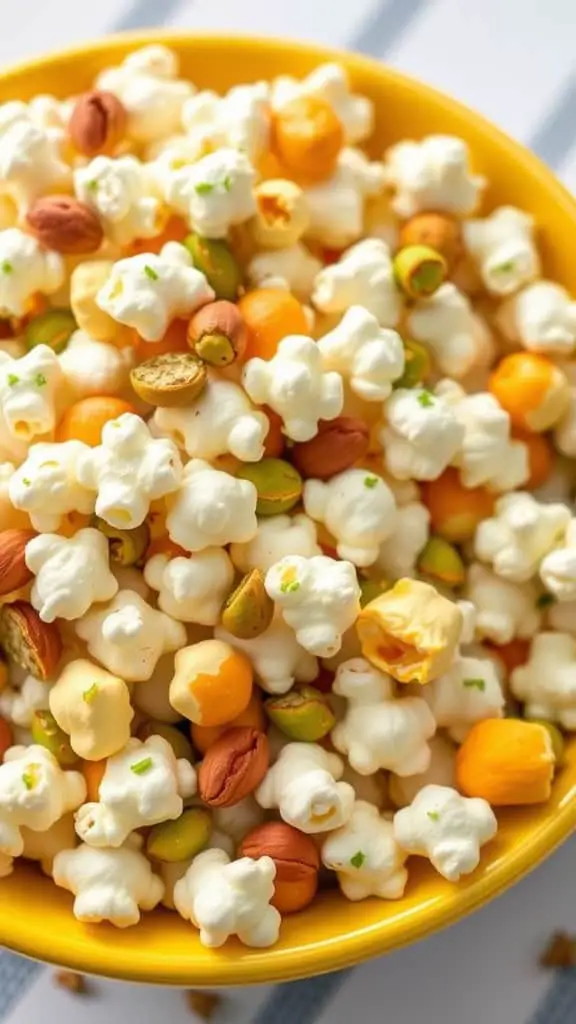 A bowl filled with a colorful mixture of popcorn, nuts, and yogurt-covered treats.