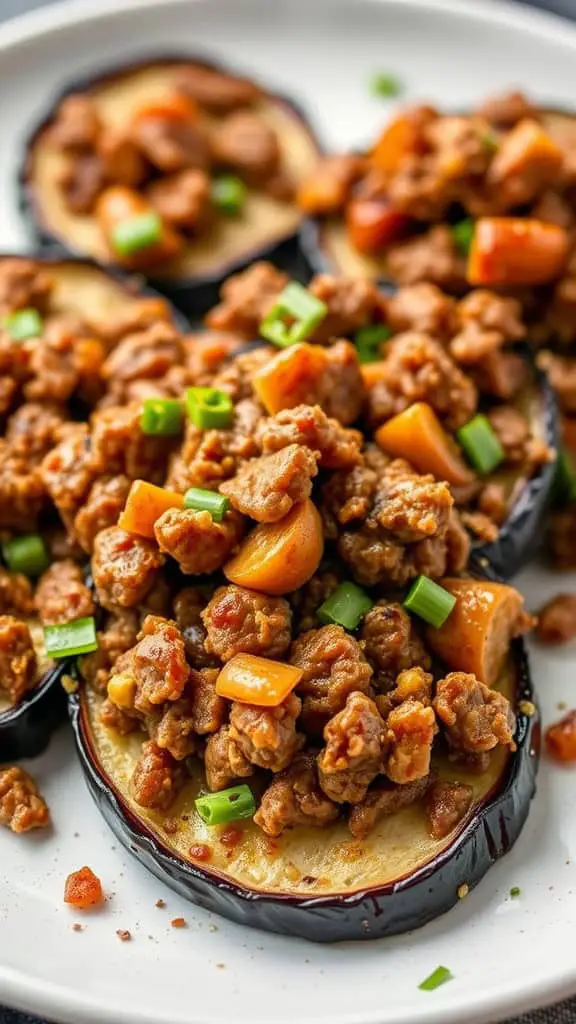 A plate of Mongolian beef served with roasted eggplant and colorful vegetables.