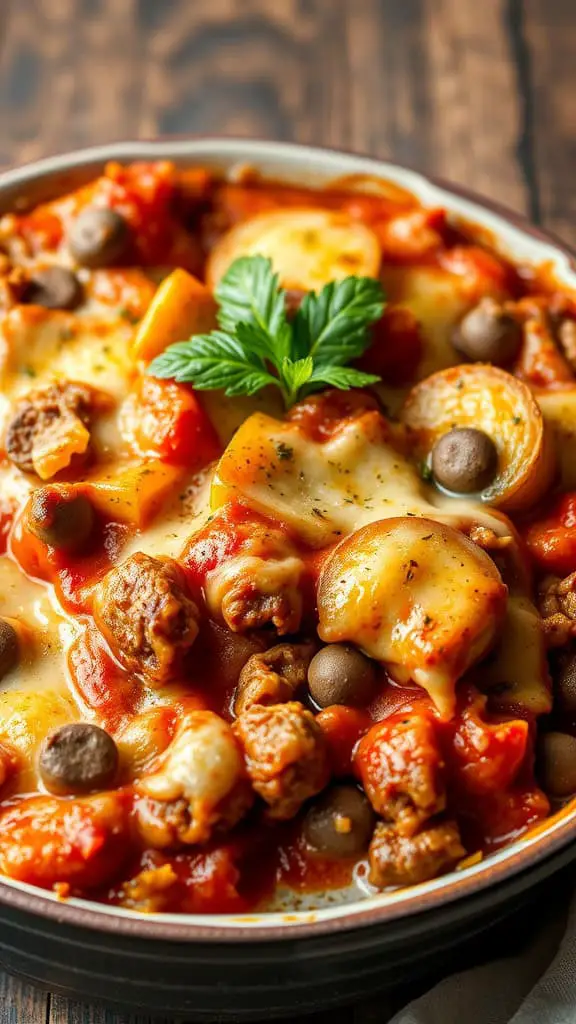 A delicious zucchini and beef casserole topped with melted cheese and garnished with fresh herbs.