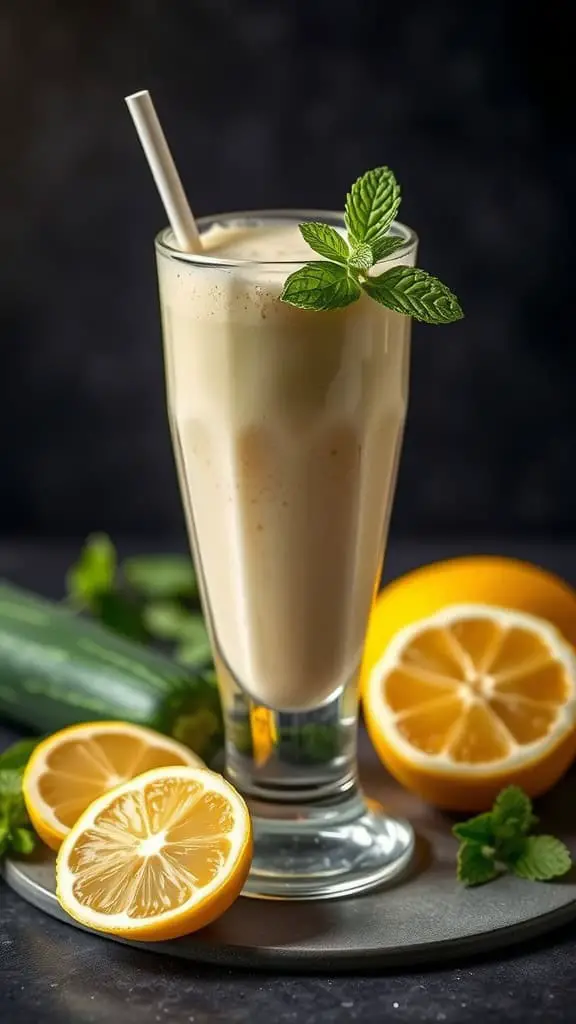 A refreshing zucchini and lemon smoothie garnished with mint, with lemon halves and zucchini in the background.