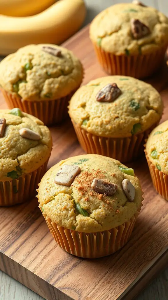 Delicious Zucchini Banana Muffins on a wooden board with bananas in the background