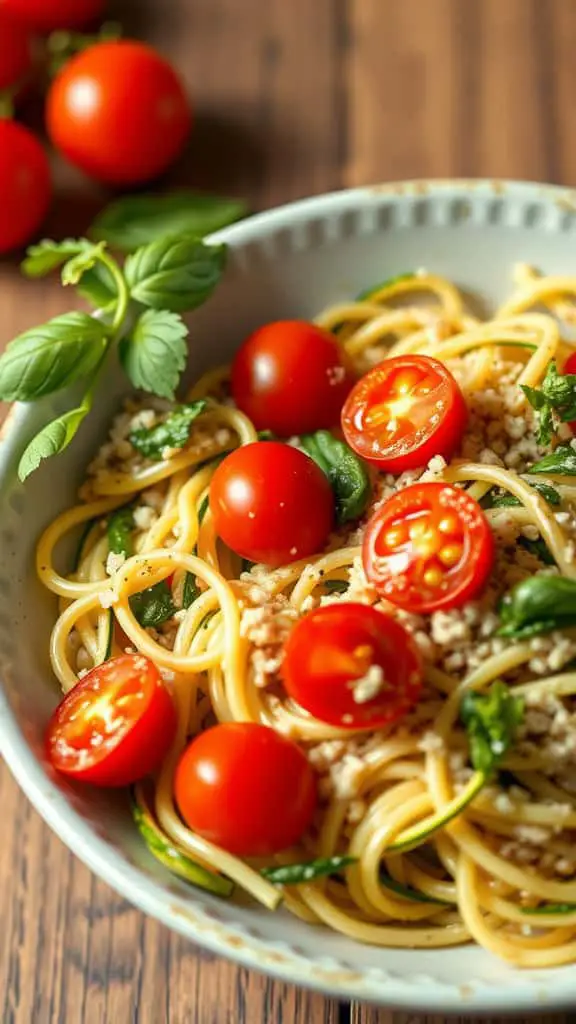 A delicious Zucchini Noodle and Brown Rice Bowl topped with cherry tomatoes and fresh spinach.