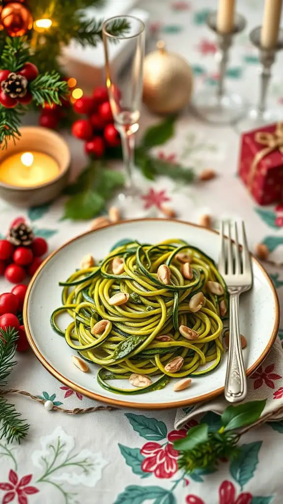 Plate of zucchini noodles with pesto topped with nuts, surrounded by festive decor