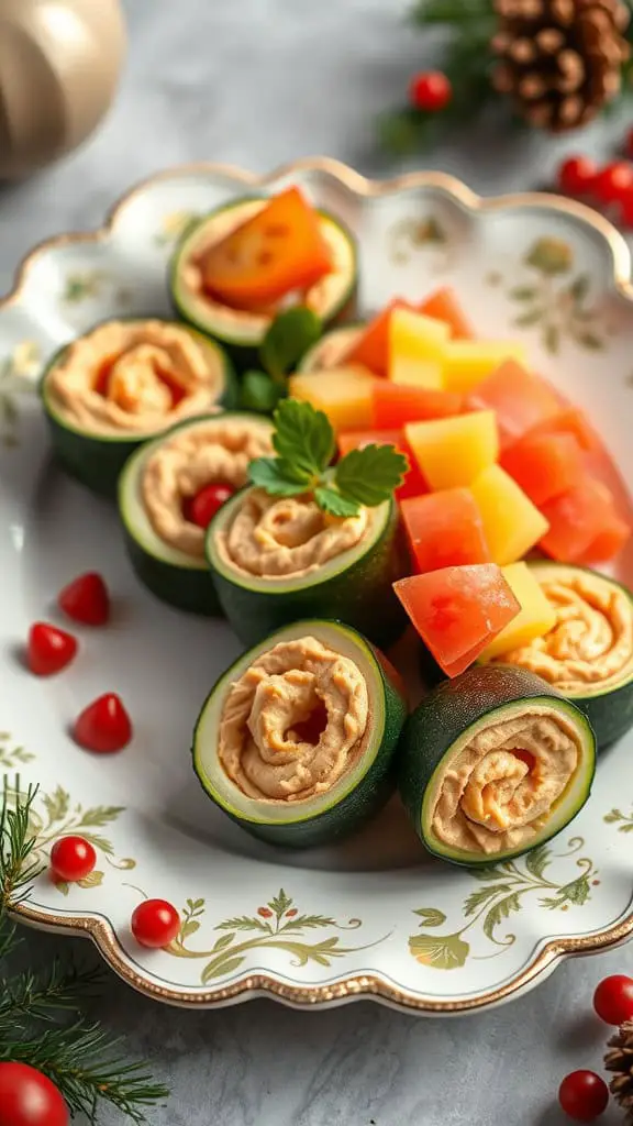 Zucchini roll-ups filled with hummus, served with cheese cubes and cherry tomatoes on a decorative plate