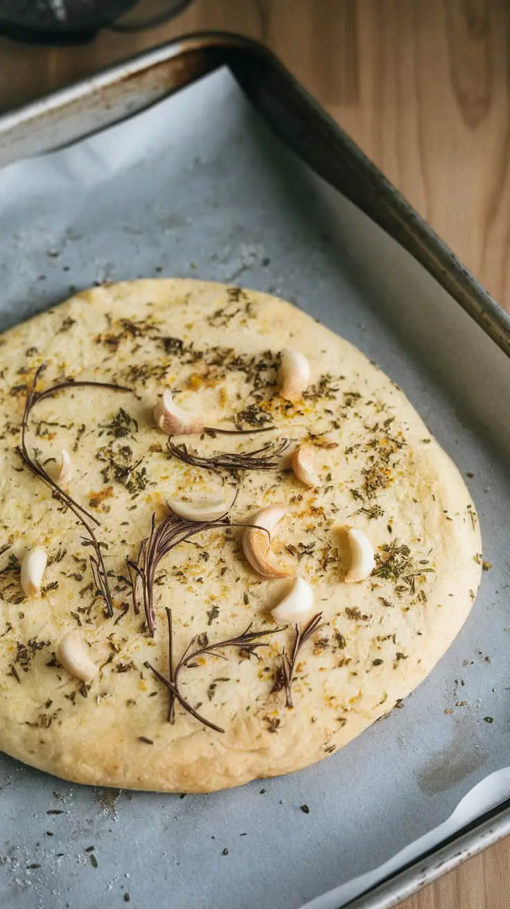 A freshly baked garlic herb flatbread on a baking tray, topped with garlic cloves and herbs.