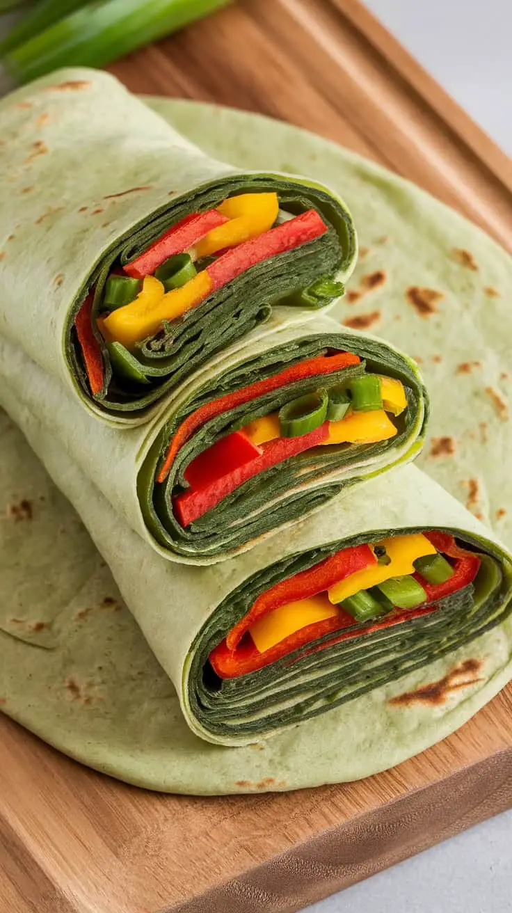 Three rolled spinach flatbread wraps with colorful bell pepper filling