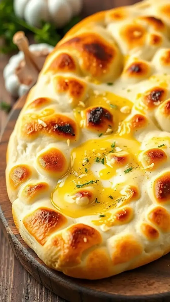 Freshly made garlic butter naan bread with a golden crust and a soft interior