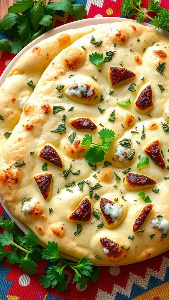 Herb-infused naan bread topped with creamy drizzle and garnished with green herbs, served on a colorful tablecloth.