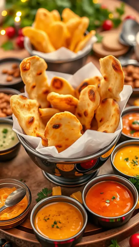 A bowl of crispy naan chips surrounded by various colorful dips.